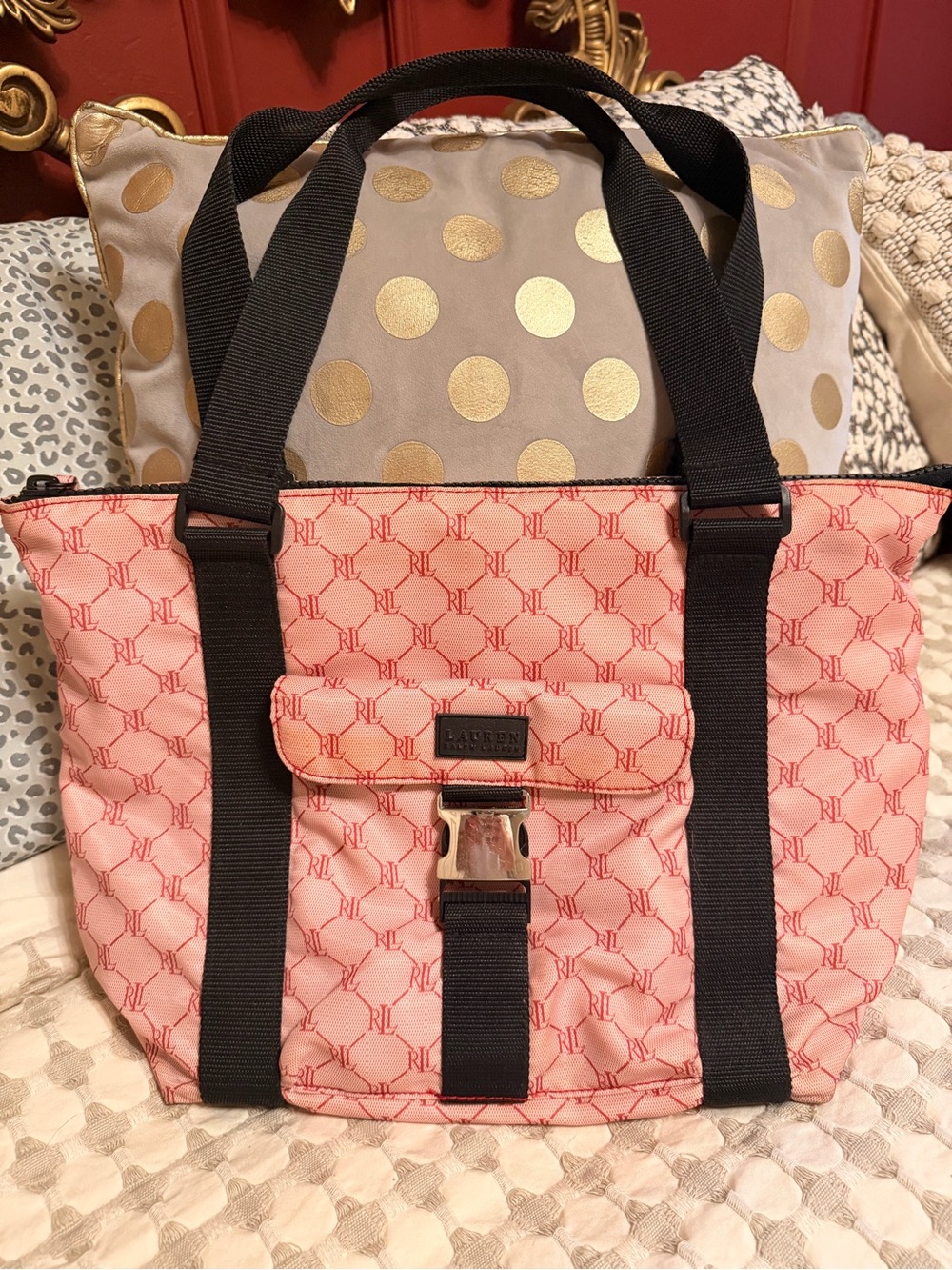 Ralph Lauren Pink coated Canvas Tote with Black Straps
